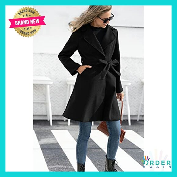 A-Line Peacoat Dress Coat Belted Notch Lapel Elegant Classic Trench - Picture 3 of 8